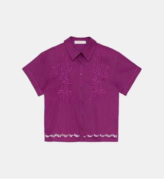 Chemisier manches courtes col chemise imprimé broderie CATHY - La Petite Etoile - Violet