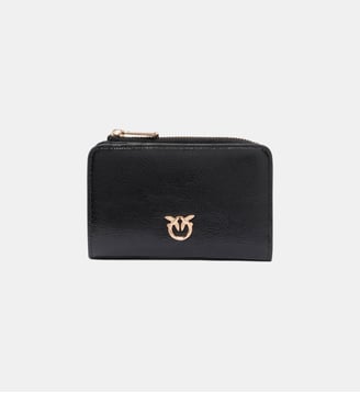 Mini portefeuille en cuir brillant avec love birds - Pinko - Noir limousine or