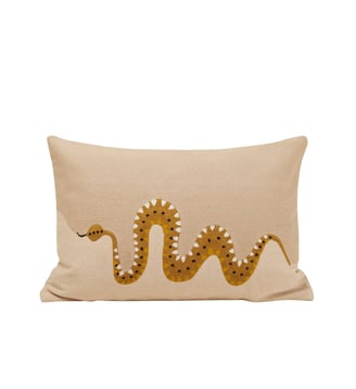 Housse De Coussin  Coton rebrodé d'un serpent en chaînette - Madura - Naturel et python doré