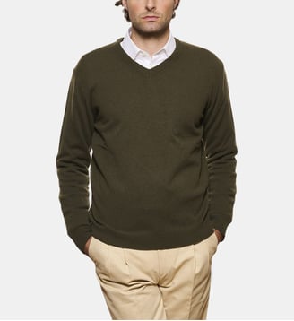 Pull col V kaki en cachemire - Atelier Privé - Kaki
