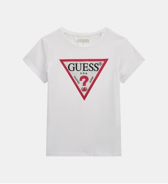 T-shirt droit en coton mélangé signature - Guess - Blanc et rouge