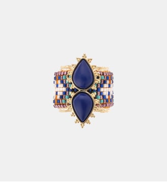 Bague réglable avec cabochon central et perles tissées VIVA - Hipanema - Indigo