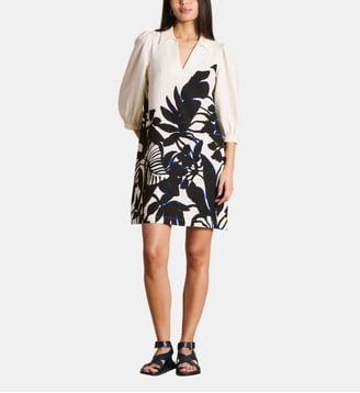 Robe courte droite à imprimé fleuri - La Fée Maraboutée - Écru et noir