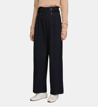 Pantalon large à boutons en laine - Sandro - Marine