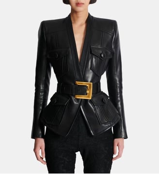 Veste 1 bouton ceinturée en cuir - Balmain - Black