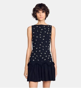 Robe courte en velours à perles - Sandro - Noir