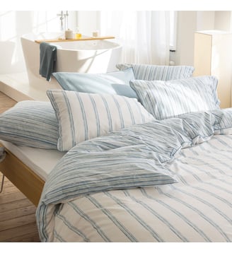 Housse de couette en percale de coton, LIGNES ÉPHÉMÈRES - Blanc Cerise - Bleu nordique