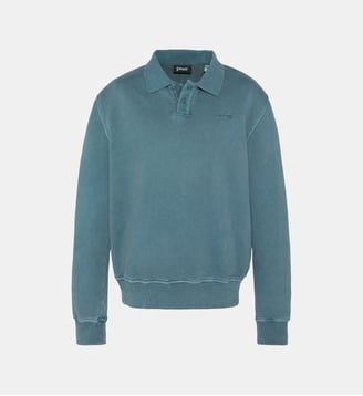 Sweatshirt col polo bleu, effet délavé - Schott - Bleu minéral