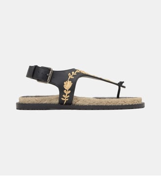 Sandales plates T-strap en cuir brodées florales PEDRA - Castaner - Noir