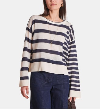 Pull rayé ample en maille fine - La Fée Maraboutée - Écru et bleu