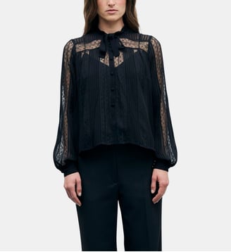 Chemise lavallière en voile à dentelle - LULU - Gerard Darel - Noir