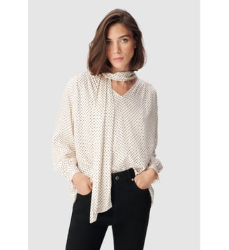 Blouse fluide motif pois col lavallière - Ikks - Blanc