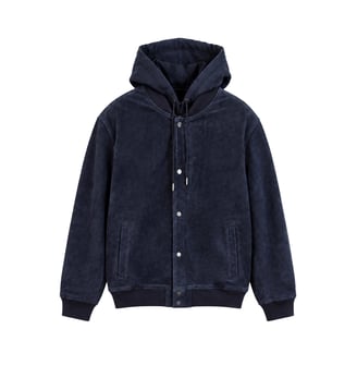 Blouson cuir velours capuche amovible - Ikks - Bleu marine