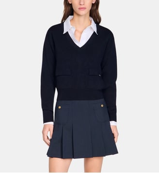 Pull en laine à col V - Sandro - Marine
