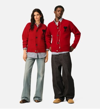 Cardigan col rond unisexe en laine Ami de Coeur - AMI Paris - Rouge rubis et noir