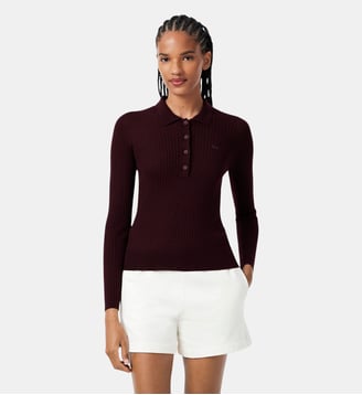 Pull col polo en jersey de laine - Lacoste - Marron