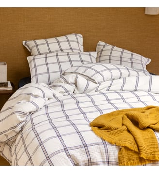 Housse de couette en gaze de coton, SIMPLEMENT GAUFRÉ - Blanc Cerise - Bleu jean