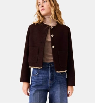 Veste en tweed avec un galon chaîne - Maje - Marron foncé