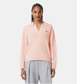 Pull col polo cachemire maille 3D - Lacoste - Rose