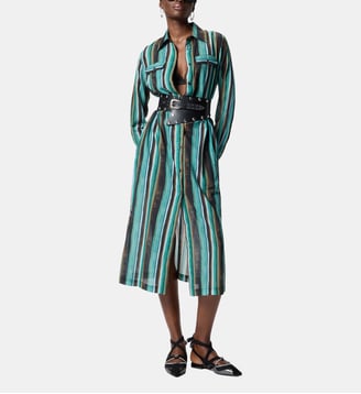 Robe chemise midi en coton à rayures façon coups de pinceau - Pinko - Vert et noir