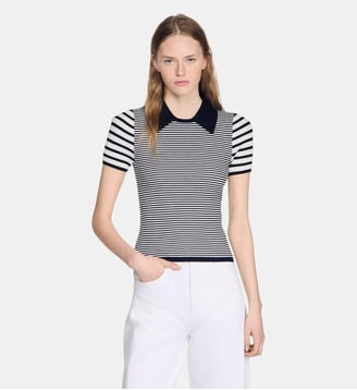 Pull style polo à rayures - Sandro - Noir et écru