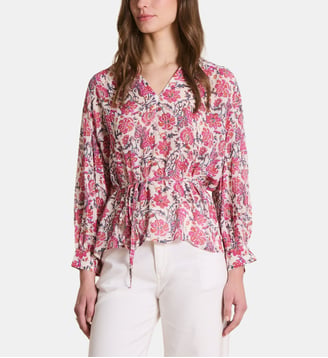 Top ample à imprimé floral manches longues - La Fée Maraboutée - Écru et rose