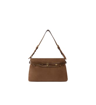 Grand sac porté épaule belt bag big en daim - Pinko - Marron lion et or antique