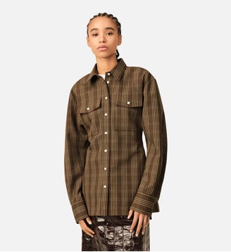 Chemise à carreaux cintrée en laine - AMI Paris - Marron choco et beige mastic