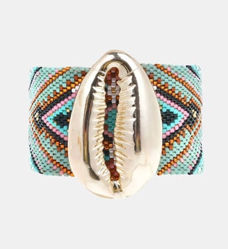 Bracelet manchette perles tissées avec cabochon coquillage APHASE - Hipanema - Bleu turquoise