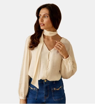 Blouse manches longues col v uni BIANCA - La Petite Etoile - Écru