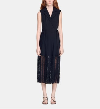 Robe longue à col dentelle - Sandro - Noir