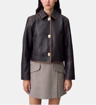 Veste courte cuir vieilli - Claudie Pierlot - Marron foncé