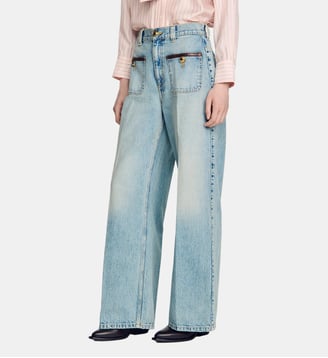 Jean droit à détails cuir - Sandro - Bleu jean
