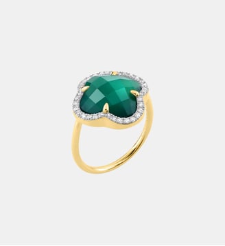 Bague, agate verte grand modèle, diamants, or jaune - Morganne Bello - Or jaune