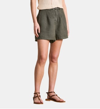 Short large en lin ceinturé - La Fée Maraboutée - Blanc et vert