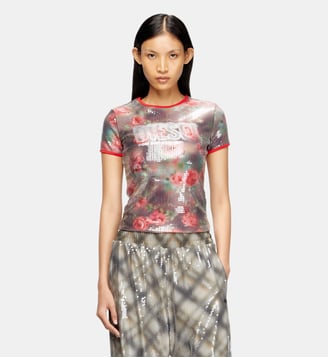 Haut ajusté en jersey à imprimé floral avec sequins - Diesel - Marron vert