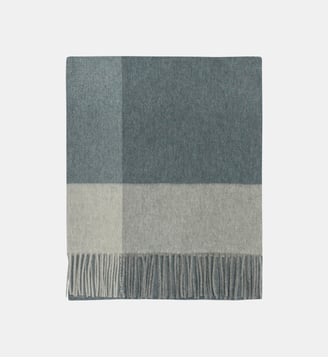 Écharpe cachemire à franges tartan - Bompard - Bleu granit, meteorite et gris argente