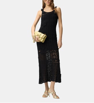 Robe mi-longue effet crochet avec fleurs appliquées - Pinko - Limousine noire