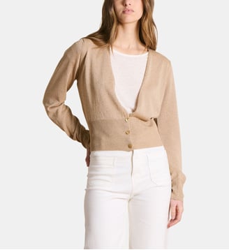 Gilet court col V en maille fine irisée - La Fée Maraboutée - Kaki