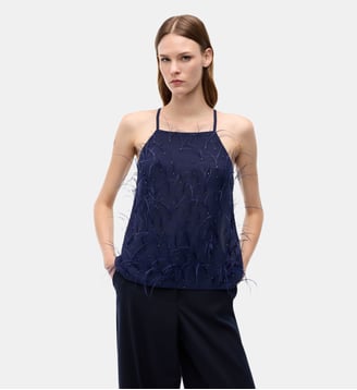 Top fluide à plumes - Pinko - Bleu veste marin