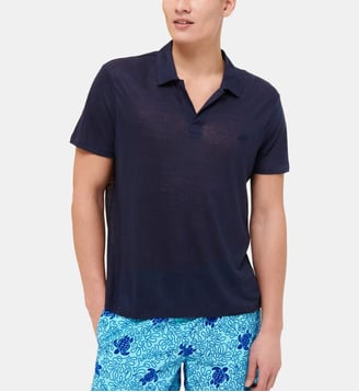 Polo droit en lin - Vilebrequin - Bleu denim
