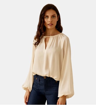 Blouse manches longues col rond uni BINTA - La Petite Etoile - Écru