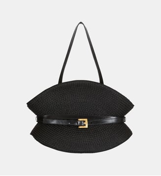 Sac Shuffle Medium en raphia et cuir de veau - Balmain - Black