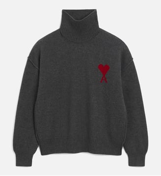 Pull Col Cheminée Ami De Coeur En Laine unisexe - AMI Paris - Gris chine et rouge