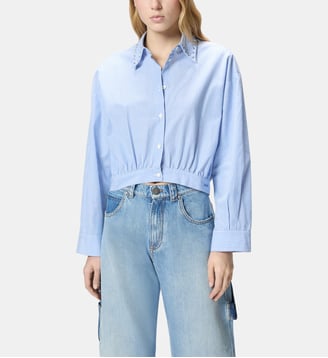Chemise cropped à rayures et col bijou - Pinko - Blanc et bleu