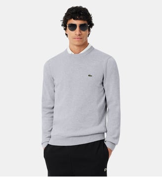 Pull coton uni col rond - Lacoste - Gris chine