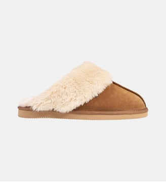 Chaussons mules cuir fourré chaud - Isotoner - Camel
