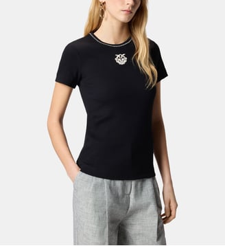 T-shirt en maille côtelée avec broderie love birds - Pinko - Noir et blanc