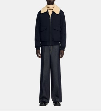 Blouson aviateur à col mouton - Sandro - Bleu marine