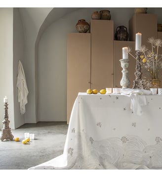 Nappe imprimée et brodée en lin, 170 gr/m², OCEANIDE - Alexandre Turpault - Blanc